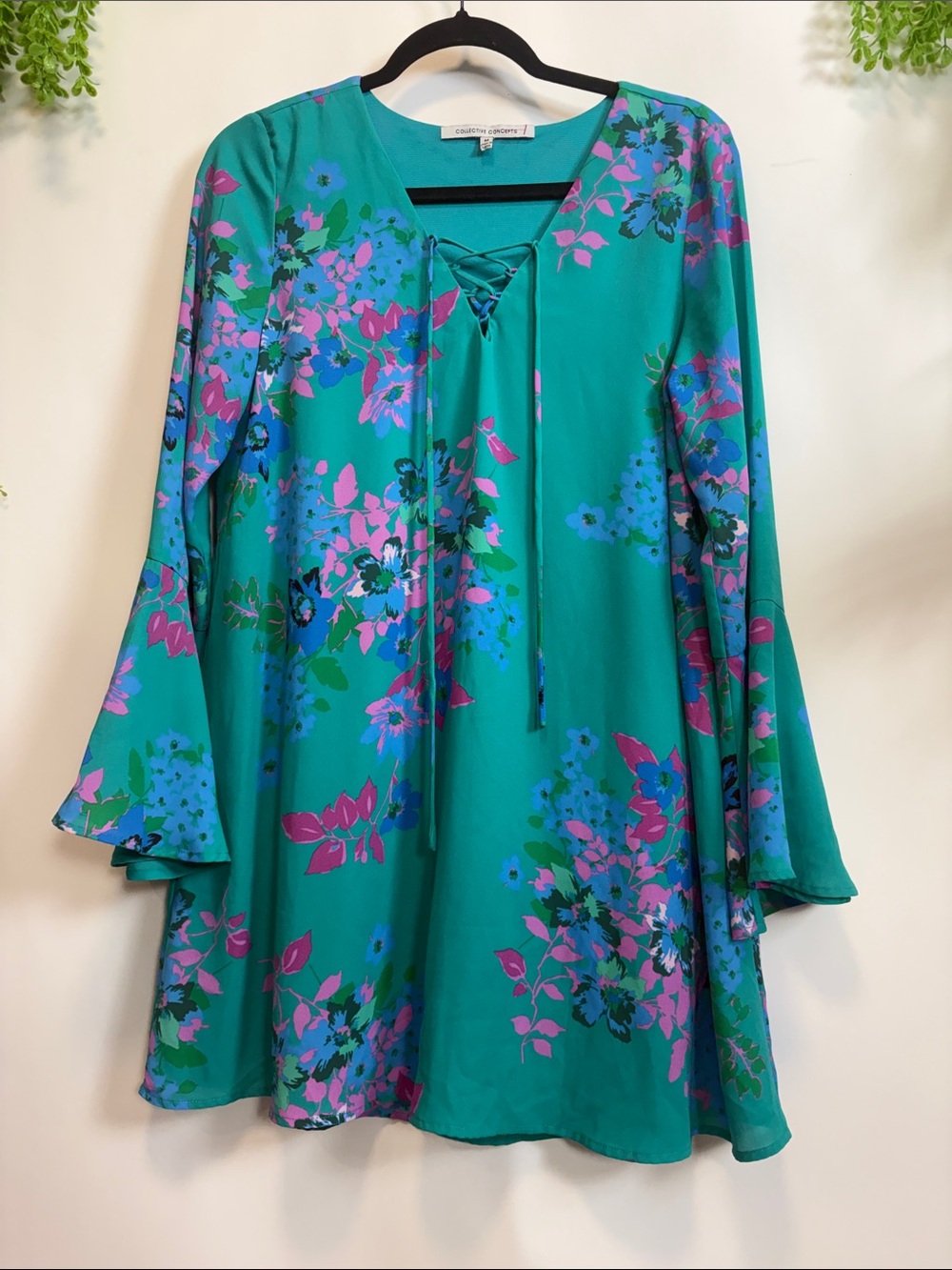 Collective Concepts Teal Floral Midi Dress or long top with Pink & Blue Accents
